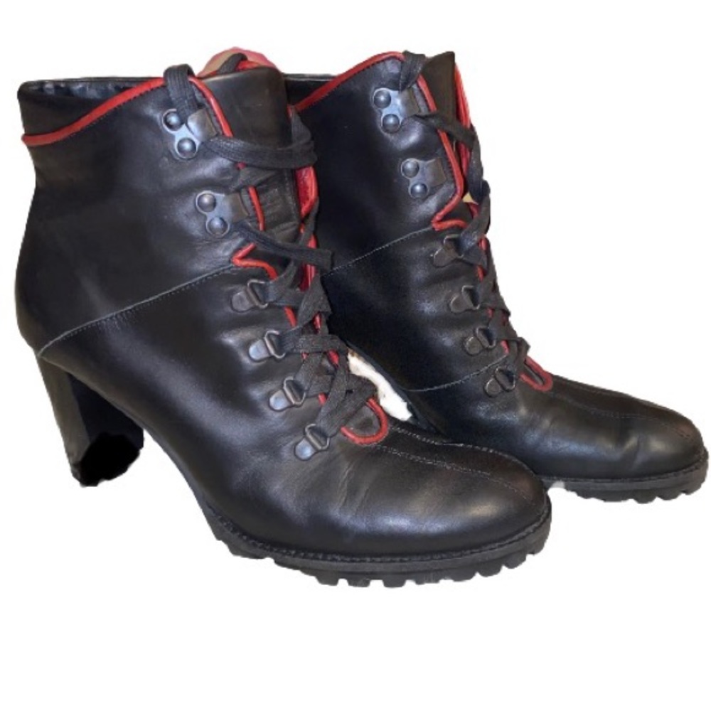 Coach Lucia Black Red Leather Lace Up Heel Booties